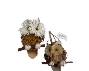 Handmade Natural Fiber Owl Ornaments Rustic Holiday Decoration Brown & White