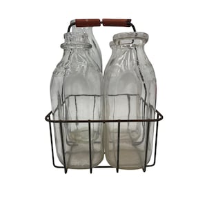 Vintage Glass Milk Bottles Metal Carrier