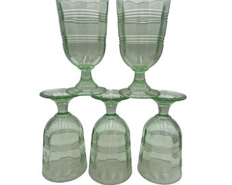 Set Of 5 Martha Stewart Green Depression Style Glass Goblets Ribbed Pattern 6 in