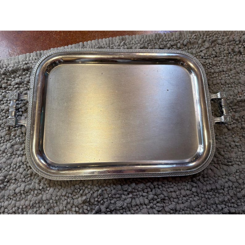 May include: A rectangular silver-toned serving tray with a smooth, reflective central surface and a raised border featuring a decorative rope-like pattern. The tray includes two metallic handles on opposite sides with a segmented design.