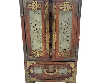 Antique Chinese Jewelry Box Carved Jade Panels Brass Detailing Hand-Carved READ!