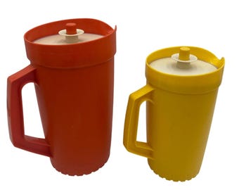 Vintage Tupperware Orange & Yellow Pitcher Set W Lids 2 Sizes 2qt. 1qt.