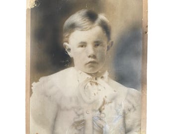 Antique Portrait Of Serious Young Boy Photograph With Distressed Corners