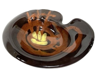 Vintage Plymouth Products Ceramic Ashtray Brown & Orange Handmade Glaze Decor Display Piece