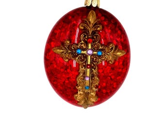 Red Glass Christmas Ornament Pier 1 Gold Cross & Gem Accents 4.5 Inches Glassy