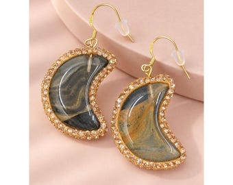 Gold-Plated Crescent Moon Earrings With Rhinestone Border - Unique & Stylish Jewelry