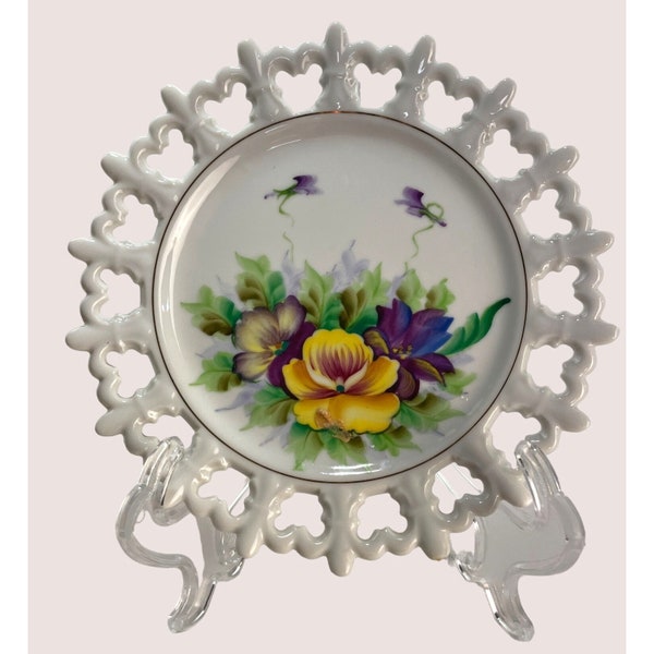 Lefton Handpainted Fleur-de-lis reticulated edge Purple Yellow Flowers Plate