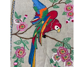 Vintage Parrot w Flowers Crewel Colorful Bright