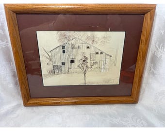Rustic Barn Pencil Drawing By Joanna Johnson Framed In Oak Wood 12x10 Inches