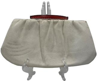 Vintage White Leather Clutch Purse Brown Lucite Handle & Gold Chain 12x8 in