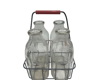 Vintage Wire Milk Bottle Carrier With Four 1-Quart Glass Bottles Kingsway & Farmers Delight Dairy Leechburg PA