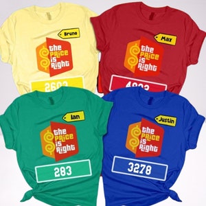 May include: Four t-shirts in different colors, each with a red and orange "The Price is Right" logo and a name tag. The shirts are yellow, red, green, and blue. The numbers 2603, 4002, 283, and 3278 are printed on the shirts.