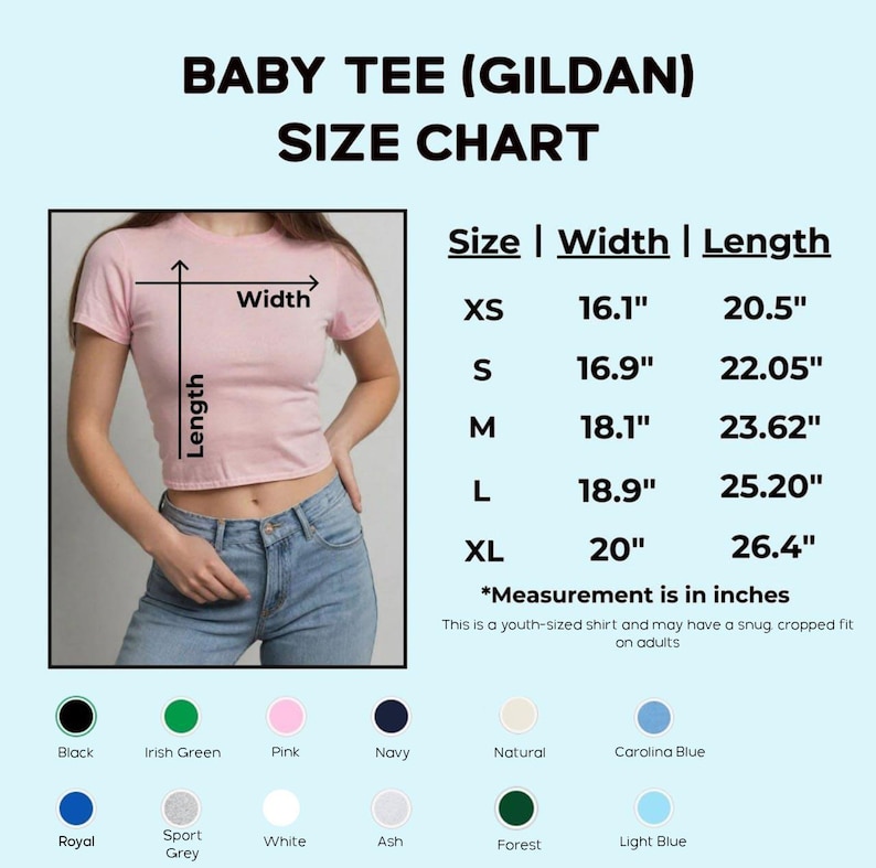 Puede incluir: Tabla de tallas para una camiseta de beb&eacute;, que muestra las medidas en pulgadas para el ancho y la longitud. La tabla incluye las tallas XS, S, M, L y XL. La camiseta es una camisa de talla juvenil y puede tener un ajuste ce&ntilde;ido y recortado en los adultos.