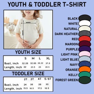 May include: A size chart for youth and toddler t-shirts. The chart shows the bust and length measurements in inches for different sizes. The chart also includes a color chart with 12 different colors.