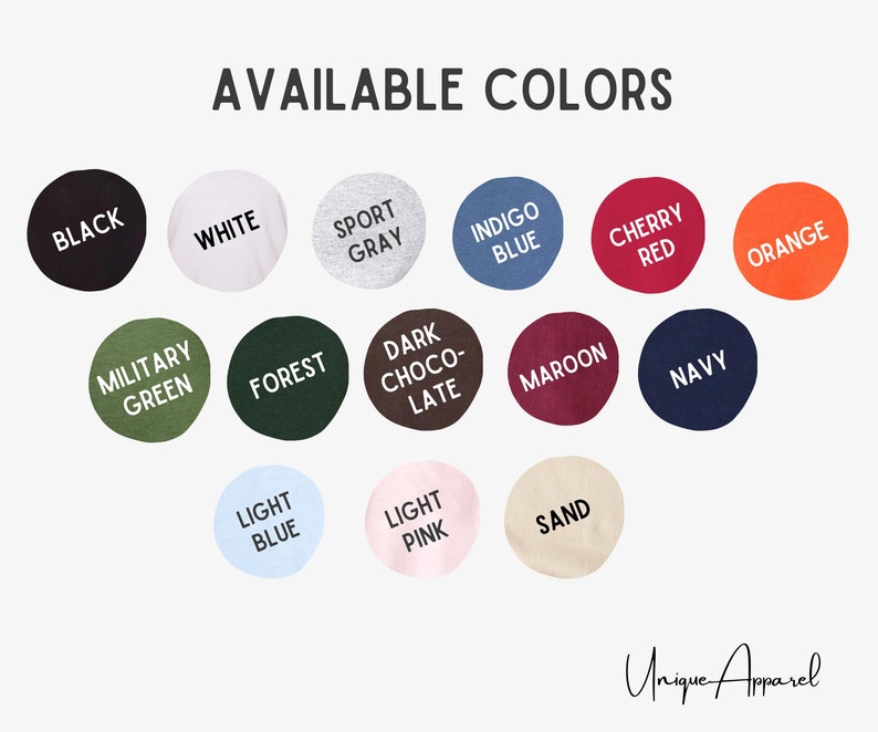 Puede incluir: Una tabla de colores disponibles para ropa, incluyendo negro, blanco, gris deportivo, azul &iacute;ndigo, rojo cereza, naranja, verde militar, verde bosque, chocolate oscuro, granate, azul marino, azul claro, rosa claro y arena.