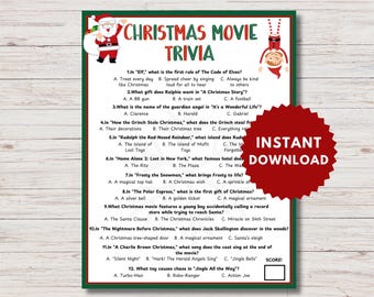 Op de afbeelding: Een groen en rood printbaar kerstfilm-trivia-spel met vragen over populaire kerstfilms zoals Elf, Een kerstverhaal, Hoe de Grinch Kerstmis stal, en meer. Het spel bevat een scorekaart zodat spelers hun voortgang kunnen bijhouden.