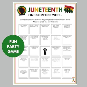 Pode incluir: Um cartão de jogo imprimível com uma borda verde, amarela, vermelha e preta. O cartão tem um título que diz "Juneteenth Find Someone Who..." e tem uma grade de 25 quadrados com prompts para um jogo de festa. Os prompts estão relacionados à história e à cultura afro-americana.