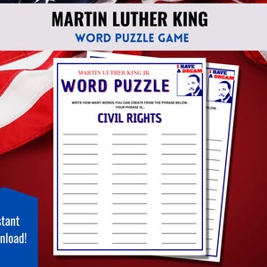 MLK Activities,  MLK Day, Black History Month Games,, mlk Printable, Homeschool Printables, Martin Luther King Game Word Puzzle