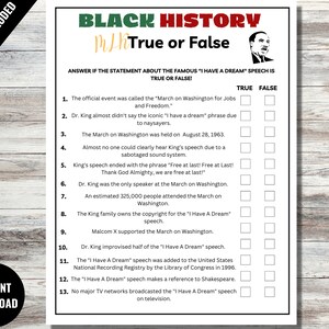 MLK True or False Activity, Black History Trivia, Black History Month ...
