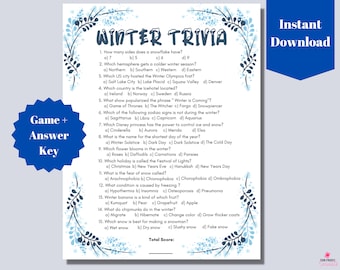 May include: A blue and white printable winter trivia game with a title that reads "Winter Trivia". The game includes 15 multiple choice questions about winter, such as how many sides a snowflake has, which hemisphere gets a colder winter season, and what is the fear of snow called. The game also includes a key with the correct answers.
