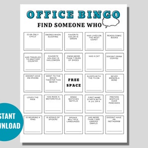 Kantoor bingospel, collega bingo, werk ijsbreker, werknemer maak kennis met je activiteit, netwerken, happy hour, kantoorfeest afdrukbaar, PDF