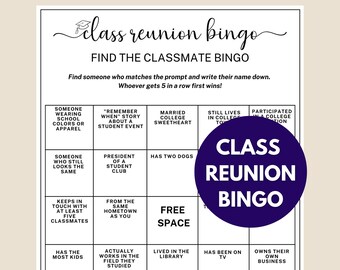 May include: A black and white printable bingo card with the title "Class Reunion Bingo" and the instructions "Find the classmate bingo". The card has 25 squares with prompts like "Married college sweetheart", "President of a student club", and "Has two dogs".