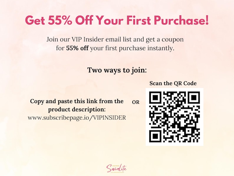 May include: Get 55% off your first purchase! Join our VIP Insider email list and get a coupon for 55% off your first purchase instantly. Two ways to join: Copy and paste this link from the product description: www.subscribepage.io/VIPINSIDER or scan the QR code.
