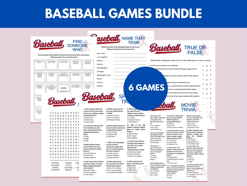 6 Baseball Games Bundle, Printable Baseball Team Party Games, Baseball ...