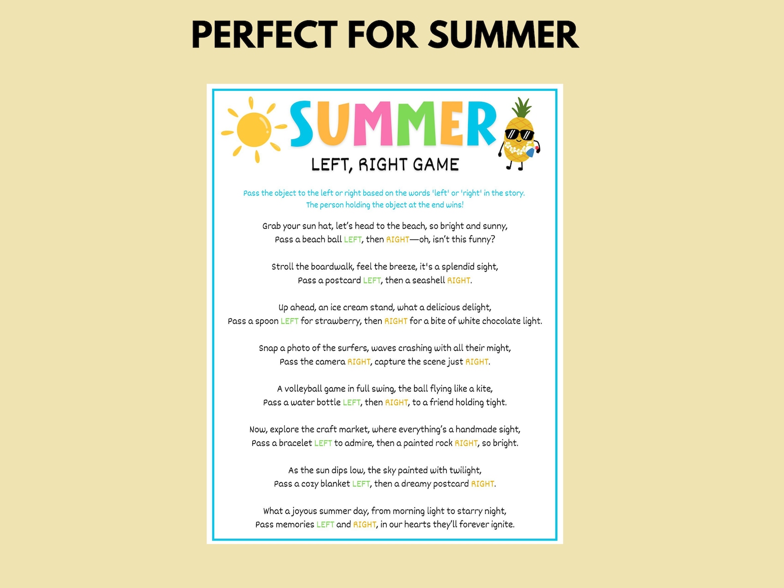Summer Left Right Game, Summer Pass the Prize, Printable Summer Games ...