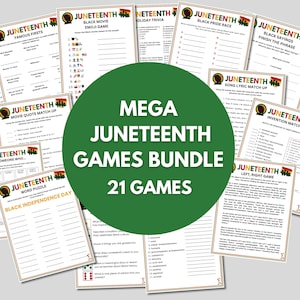Pode incluir: Um círculo verde com o texto "MEGA JUNETEENTH GAMES BUNDLE 21 GAMES" em branco. O círculo é rodeado por 10 folhas de jogo imprimíveis diferentes com bordas pretas e vermelhas e o texto "JUNETEENTH" em branco. As folhas de jogo incluem títulos como "Famous Firsts", "Black Movie Emoji Game", "Holiday Trivia", "Black Pride Race", "Black Sayings Finish the Phrase", "Song Lyric Match Up", "Invention Match Up", "Find Someone Who", "Word Puzzle Black Independence Day" e "Left, Right Game".