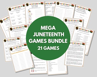 May include: A green circle with the text "MEGA JUNETEENTH GAMES BUNDLE 21 GAMES" in white. The circle is surrounded by 10 different printable game sheets with black and red borders and the text "JUNETEENTH" in white. The game sheets include titles like "Famous Firsts", "Black Movie Emoji Game", "Holiday Trivia", "Black Pride Race", "Black Sayings Finish the Phrase", "Song Lyric Match Up", "Invention Match Up", "Find Someone Who", "Word Puzzle Black Independence Day", and "Left, Right Game".
