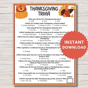 Thanksgiving Trivia, Thanksgiving Party Game, Thanksgiving Trivia For Kids, Thanksgiving Trivia Adult,  Friendsgiving Trivia Game, Printable