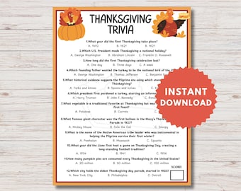 Thanksgiving Trivia, Thanksgiving Party Game, Thanksgiving Trivia For Kids, Thanksgiving Trivia Adult,  Friendsgiving Trivia Game, Printable