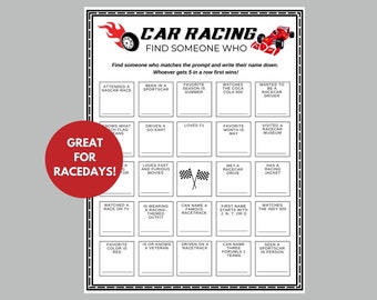Car Racing Find Someone Who Bingo, Raceday Party Game, Motorsports Activity, Race Car Birthday, Kids and Adults, Seniors, Indy, Daytona -RA