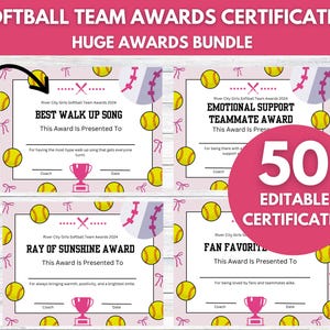 50 Editable Softball Awards Certificates, End of Season Softball Certificate, Certificate of Participation, Softball Team, Canva Template