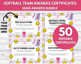 50 Editable Softball Awards Certificates, End of Season Softball Certificate, Certificate of Participation, Softball Team, Canva Template