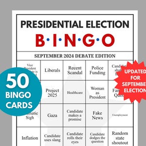Bingo de debate sobre las elecciones presidenciales de 2024, Elecciones presidenciales de 2024, Juegos electorales, Actividades electorales, Adultos, Personas mayores, 50 cartones de bingo