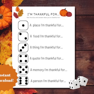 Ich bin dankbar für Würfelspiel, Dankbarkeitsaktivität für Thanksgiving, Erntedank-Familienspiel, Gesprächsstarterspiel, einfache Kinderaktivität zu Hause