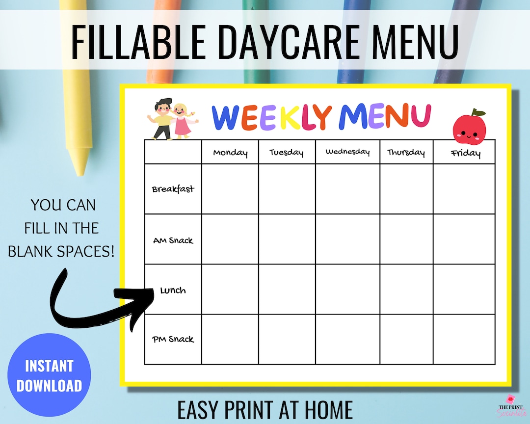 Fillable Weekly Daycare Menu, Editable Home Daycare Meal Planner Fillable Weekly Daycare Menu, Editable Home Daycare Meal Planner
