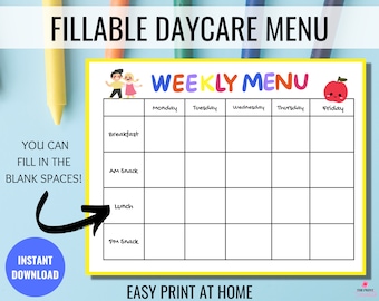 Fillable Weekly Daycare Menu, Editable Home Daycare Meal Planner, Preschool Menu, Home School Menu, Nannies Weekly Menu Template, Printable