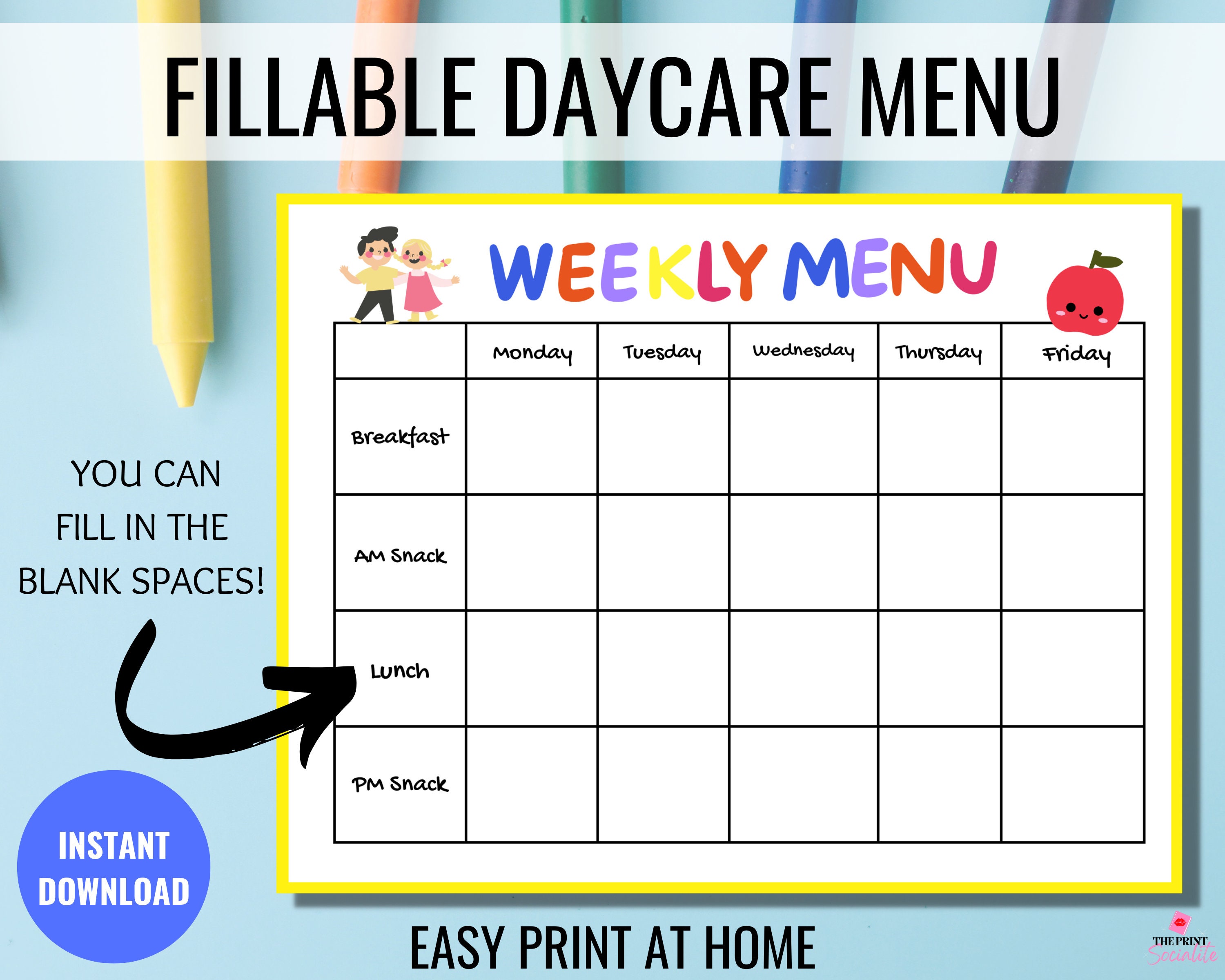Fillable Weekly Daycare Menu Editable Home Daycare Meal Planner 