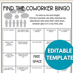 Find the Coworker Bingo, Editable Template, Coworker Bingo, Work Bingo, Office Party Game, Office Icebreaker, Office Bingo, Team Building