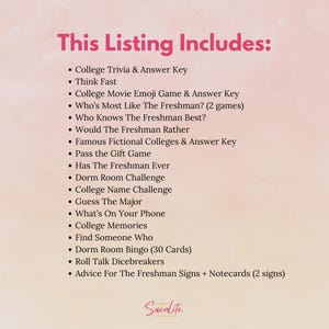 May include: A list of activities and games for college freshman, including trivia, movie emoji games, and dorm room challenges. The text "This Listing Includes:" is at the top of the list.