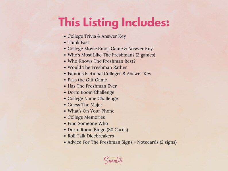 May include: A list of activities and games for college freshman, including trivia, movie emoji games, and dorm room challenges. The text "This Listing Includes:" is at the top of the list.