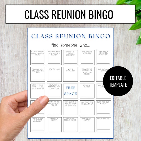 Bingo-Klassentreffen, Klassentreffen Icebreaker, Icebreaker-Bingo-Vorlage, druckbare Klassentreffen-Spiele, Networking, bearbeitbare Vorlage