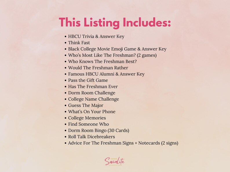 May include: A list of activities and games for a freshman dorm room, including HBCU Trivia, Black College Movie Emoji Game, Dorm Room Challenge, and more.
