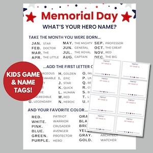 May include: A printable Memorial Day kids game with red, white, and blue stars. The game asks players to take the month they were born, add the first letter of a word from a list, and then choose their favorite color to create a hero name. The game includes blank name tags for players to write their names.