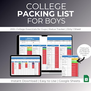 May include: A digital college packing list for boys, displayed on a tablet and a laptop. The list includes over 200 college essentials and a status tracker. The text reads "COLLEGE PACKING LIST FOR BOYS" and "Instant Download | Easy to Use | Google Sheets."