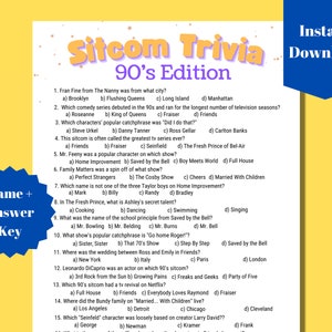 90&#39;s Sitcom Trivia Game, Printable Party Game, Back to the Nineties Game, TV Show Trivia, Perfect for Family Trivia Night and Game Night