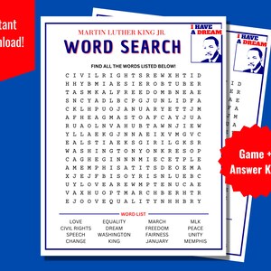 Martin Luther King Jr Word Search, MLK Jr Day Printable Game, Classroom Activity for MLK, Kid&#39;s Activity Sheet, Black History Month Activity